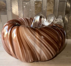 Blown Art Glass Fall Pumpkin Murano Style Brown and White Swirls w/ Clear stem - Picture 1 of 13