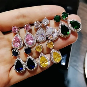 Colorful Waterdrop Earrings Zicon Double Crystal with Silver - Picture 1 of 18