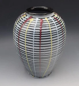 MID CENTURY JAPANESE GLASS MULTI-COLORED STRIPED VASE 7" - Picture 1 of 6