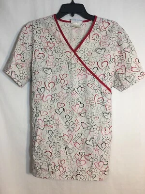 SB Scrub Top V Neck Tieback Hearts Flowers Pockets White Red Black Pink Sz M - Image 1 of 3