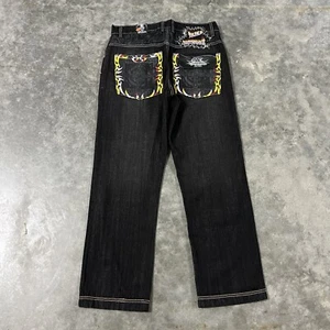 Jeans Vintage Sueltos Negros Llamas Cruzadas Bordados Talla 36x32 Y2K Patinador NUEVO - Imagen 1 de 14