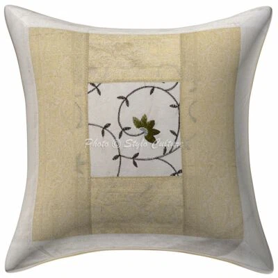 Ethnic Polydupion Floral White 16x16 Brocade Patchwork Embroidered Pillow Cover - Image 1 of 3