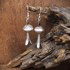 Flower Stamped Sterling Silver Squash Blossom Dangle Wire Earrings - Picture 1 of 4