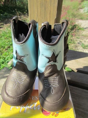 NUEVAS Botas de Vaquero/Vaquera Old West Poppets Azul Bebé Western talla 3 FRINGE Foto 1 de 4