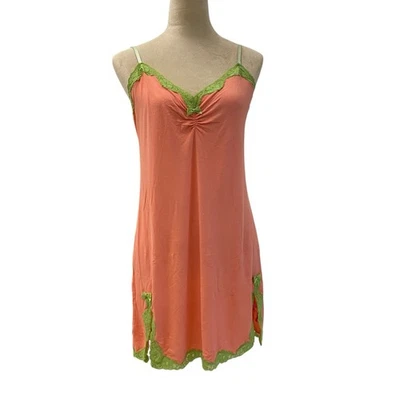 Betsey Johnson Orange and Green Size Large Nighty Cotton and Lace Slip Y2K - Image 1 of 4
