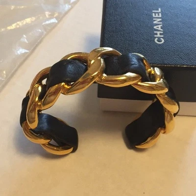 CHANELChanel Gold and Black Leather Weave Bracelet 80s Couture - Image 1 of 4