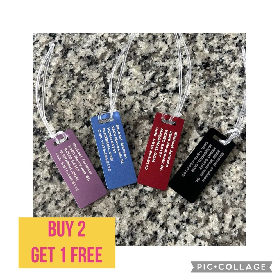 Set of 4 Small Aluminum Engraved Personal Luggage Tags 4 Colors travel - Image 1 of 2