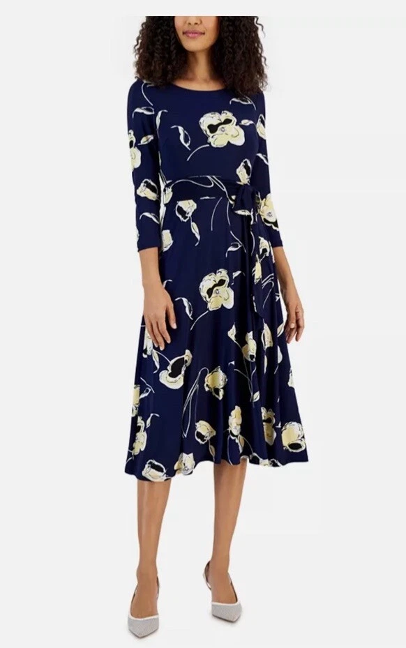 Kasper Women's Plus Size 3X Floral-Print Midi Fit & Flare Dress Navy Multi - Image 1 of 4