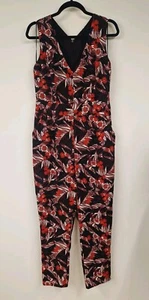 Oasis Tropical Jumpsuit Size 14 Floral Hawaii Holiday Black Red Pockets Aloha - Picture 1 of 9