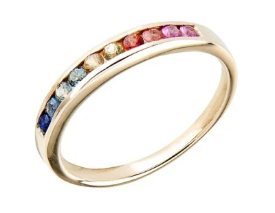 Anel de safira arco-íris real R165 genuíno ouro amarelo, branco ou rosa 10K, 14K, 18K - Imagem 1 de 3