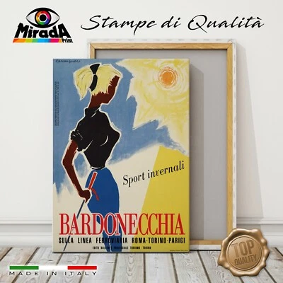QUADRO VINTAGE BARDONECCHIA SPORT INVERNALI SCI NEVE MONTI ESTATE TELA CANVAS