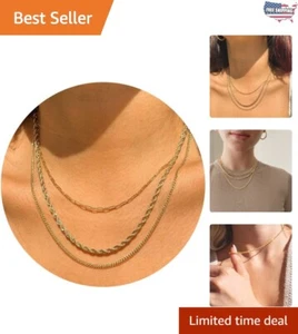 Chic Gold Layered Necklace for Women - Adjustable Cuban & Paperclip Chains - Picture 1 of 10