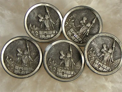 Antique Brass & Pewter Coat Story Book BUTTON Lot o 5 Soldier Castle Wall Spear  - Image 1 of 4