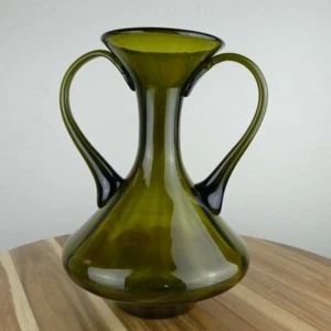Mid Century Vase Empoli Style Italian Art Glass Olive Avocado Green Handles CHIP - Picture 1 of 9