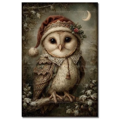 IMPRESIÓN ARTÍSTICA VICTORIANA DE BÚHO DE NAVIDAD, decoración de sombrero de Santa fantasía vacaciones pájaro póster Foto 1 de 2