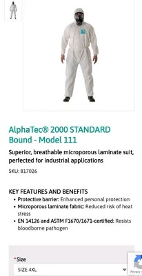 25 Ansell 68-2000 4XL AlphaTec 2000 Mono encuadernado con capucha 682000 111 traje de laboratorio nuevo Foto 1 de 4