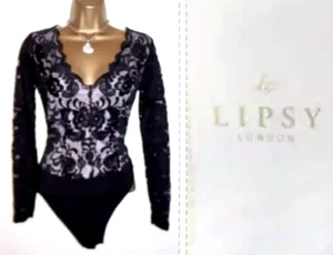 Lipsy Sexy Bodysuit Top 16 UK Black Nude Cream Scalloped Plunge Long Sleeve Body - Picture 1 of 15