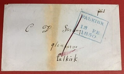 G.B., Scotland, 1850 Stampless Cover, Blue Boxed FALKIRK 13 FE, 1850 Handstamp   - Image 1 of 2