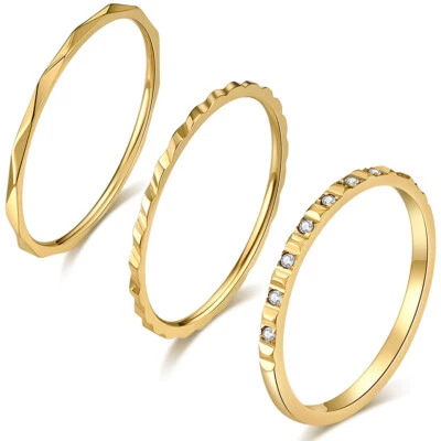 Anillo apilable de acero inoxidable con circonita cúbica eternidad de 3 piezas para mujer apilable delgado Foto 1 de 4