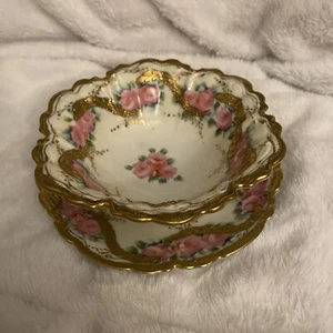 Antique or Vintage Floral Hand Painted Porcelain Bowl & Saucer Light Moriage - Picture 1 of 8