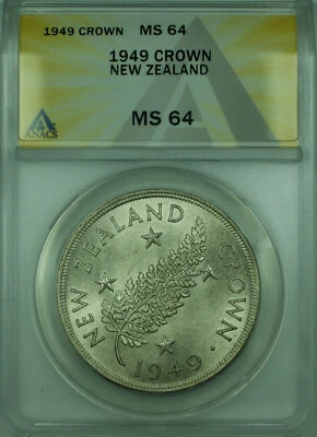 Moneda de plata conmemorativa de 1 corona 1949 Nueva Zelanda ANACS MS 64 KM#22 Foto 1 de 2