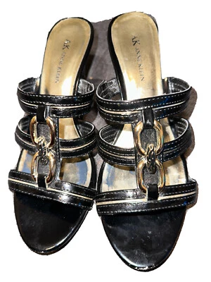 Tacones de cuña Ann Klein negros/dorados sin cordones punta abierta talla 8,5 estándar para mujer Foto 1 de 4