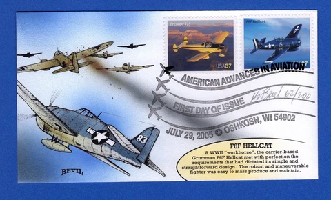 Scott 3920 & 3918 Ercoupe 415 & F6F Hellcat Hand Painted Bevil FDC 62/200 Cover