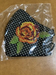 Mexican Women's Face Mask Flower Embroidery Black PolkaDot Handmade Double Layer - Picture 1 of 4