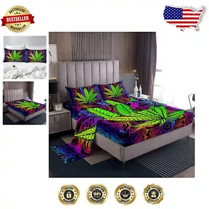 Twin Size Trippy Cannabis Leaf Bed Sheet Set - Includes Fitted and Flat Sheets - Picture 1 of 4