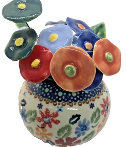 Polish Pottery Round Vase J113 May Flowers w Polish Ceramic Flowers - Picture 1 of 8