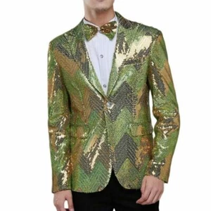 Men Sequin Suit Blazer Dress Jacket Bowtie Showman Costume Coat Fake Pocket - Picture 1 of 14