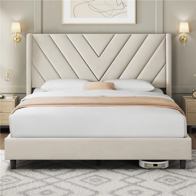 Full/Queen Upholstered Bed Frame with Wing Side Headboard, No Box Spring Needed - Image 1 of 4