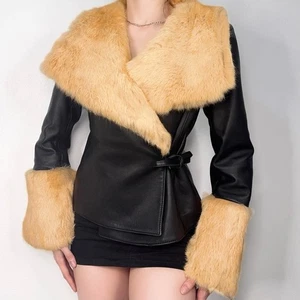 Chaqueta de cuero negra con corbata corta Penny Lane abrigo afgano UE 40 glamour - Imagen 1 de 8