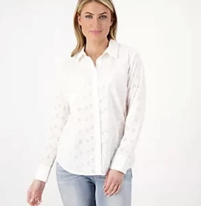 Candace Cameron Bure Regular Button-Front Eyelet Shirt New Day White XS $60.00 - Picture 1 of 10