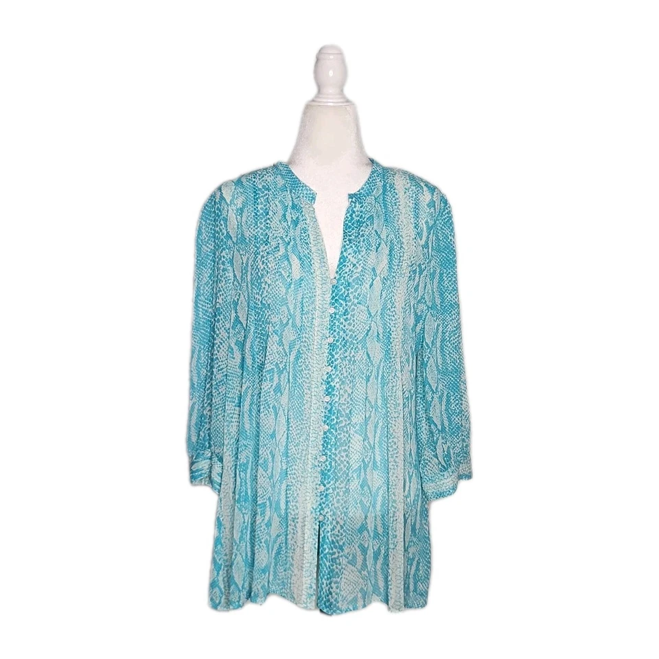 Cynthia Steffe Snake Print Button Front Long Sleeve sheer turquoise Blouse sz L  - Image 1 of 4