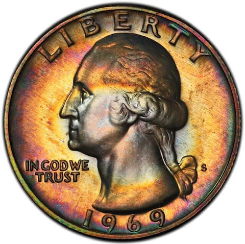 PR68 1969-S 25C Washington Proof Quarter, PCGS Secure- Rainbow Album Toned Cover