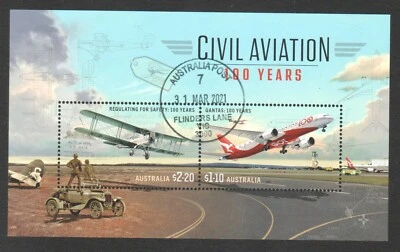 AUSTRALIA 2020 100 YEARS OF CIVIL AVIATION SOUVENIR SHEET OF 2 STAMPS FINE USED - Image 1 of 4