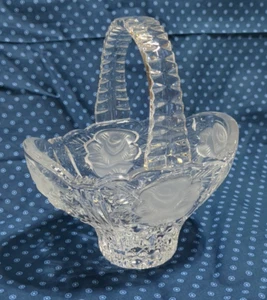 Clear Glass Bride's Basket With Frosted Roses, 6 3/4" Tall - Picture 1 of 10