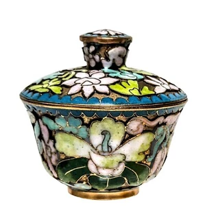 Vintage Chinese Cloisonne Trinket Powder Bowl /Lid Floral Jingfa 2" - Picture 1 of 11