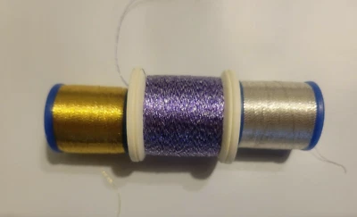 Machine Embroidery: 3 spools Metallic thread - gold, silver, purple variegated - Image 1 of 2