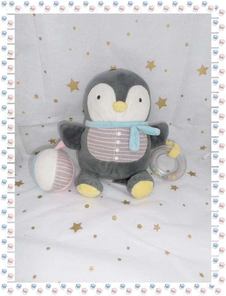 ⑰ - Doudou Peluche Pingouin  Gris Eveil Activités  Anneau   Mots d'Enfants - Photo 1/1