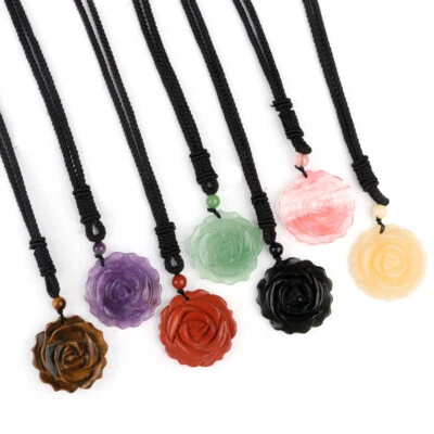 Natürliche Edelstein Kristall Geschnitzt Rose Blume Anhänger Halskette für Damen - Bild 1 von 4