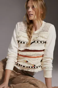 NWT Anthropologie Flower That Girl Fringed Sweatshirt Large #069 - Picture 1 of 6