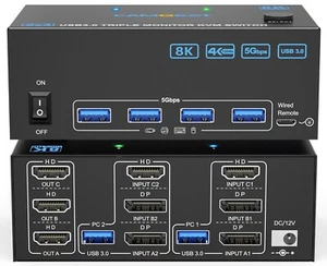 KVM Switch Triple Monitor 8K@60Hz 4K@144Hz HDMI+2 DisplayPort 4 USB 3.0 Ports - Picture 1 of 12