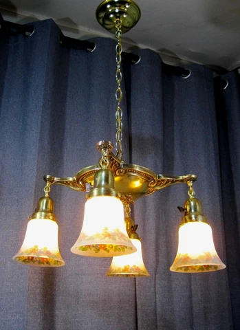 Chandelier Antique Pan Fixture Brass Hand Painted Shades Restored Rewired Exc Cover