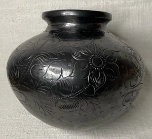 Mexico schwarze Keramik Vase rund Handarbeit 19x21,5 cm - Bild 1 von 6