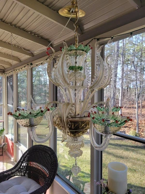 Lámpara de araña antigua clásica de 4 brazos italiana veneciana Murano verde con punta roja 30t Foto 1 de 4