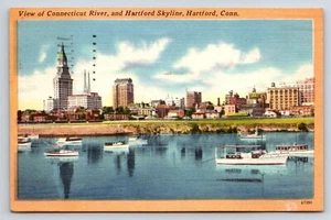 Postcard View of CT River, and Hartford Skyline, Hartford, CT Boats River View - Picture 1 of 2
