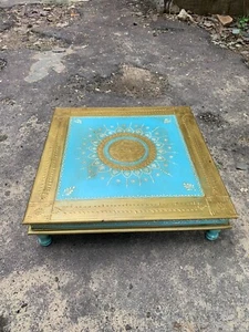 Blue Vintage Indian Wooden Bajot Low Stool Puja Chowki For Home Temple Old Bench - Picture 1 of 10