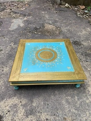 Blue Vintage Indian Wooden Bajot Low Stool Puja Chowki For Home Temple Old Bench - Image 1 of 4